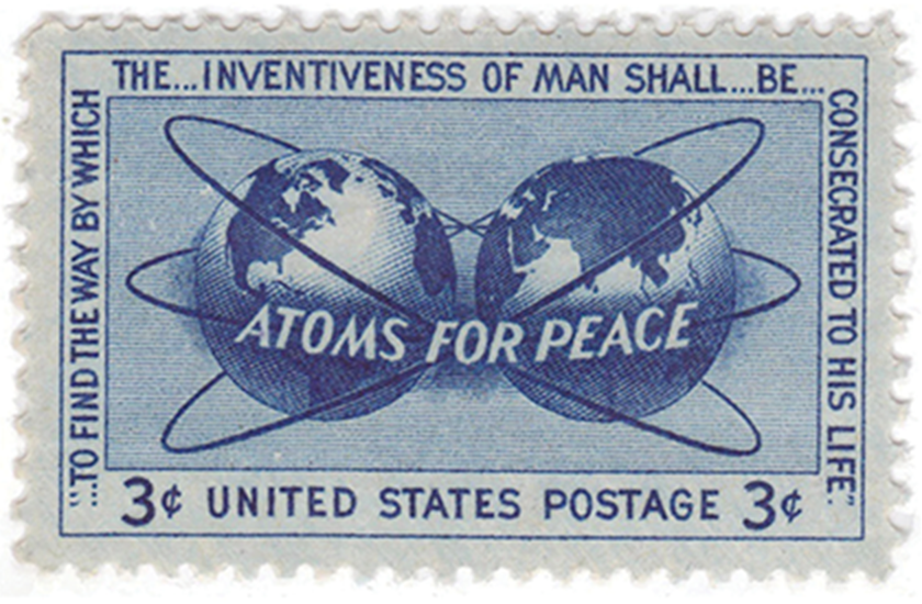 A three cent American postage stamp featuring the Earth encircled by three electron plaths. The quote "...To find the way by which the... inventiveness by man... shall be... consegrated to his life." is printed on the border.